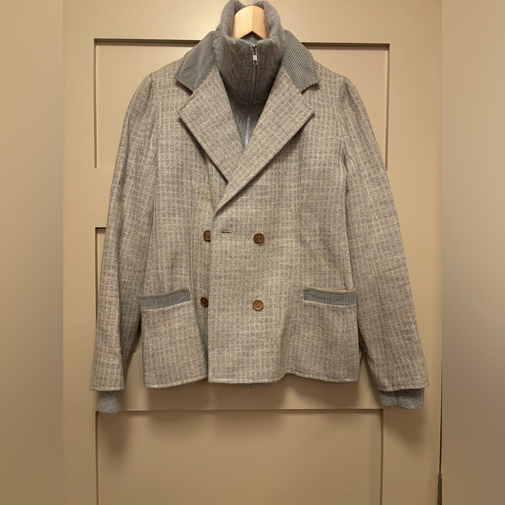 COURRÈGES Vintage Wool Grey Check Lined Blazer Jacket Cable Knit Funnel Neck